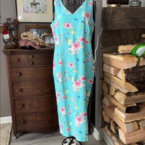 Linen  Floral Midi Dress - Turquoise and Pink